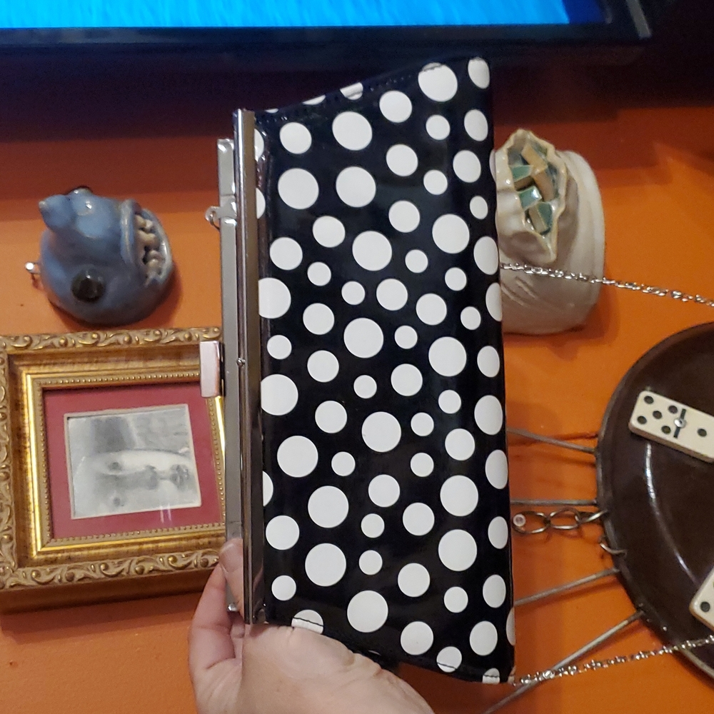 Neiman Marcus  Polka-dot purse, chain strap. Black and white